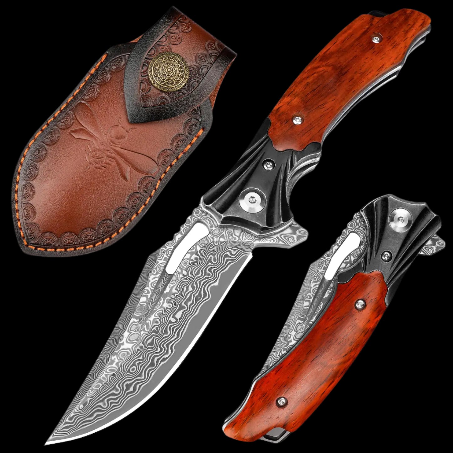 Damascus Pocket Knife with Sheath 3.15"