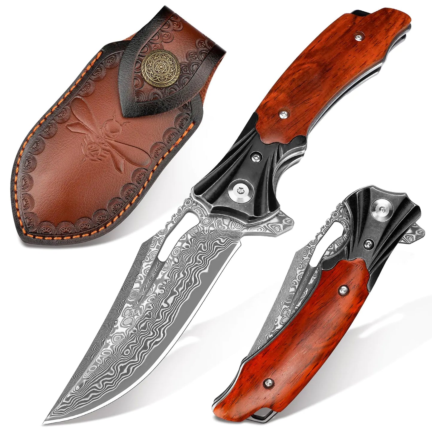 Damascus Pocket Knife with Sheath 3.15"